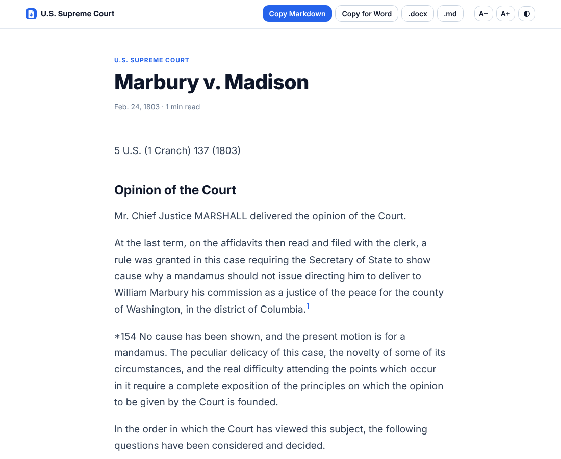 Marbury v. Madison open in the Lexpert Clipper reader, showing star page *154 and export buttons